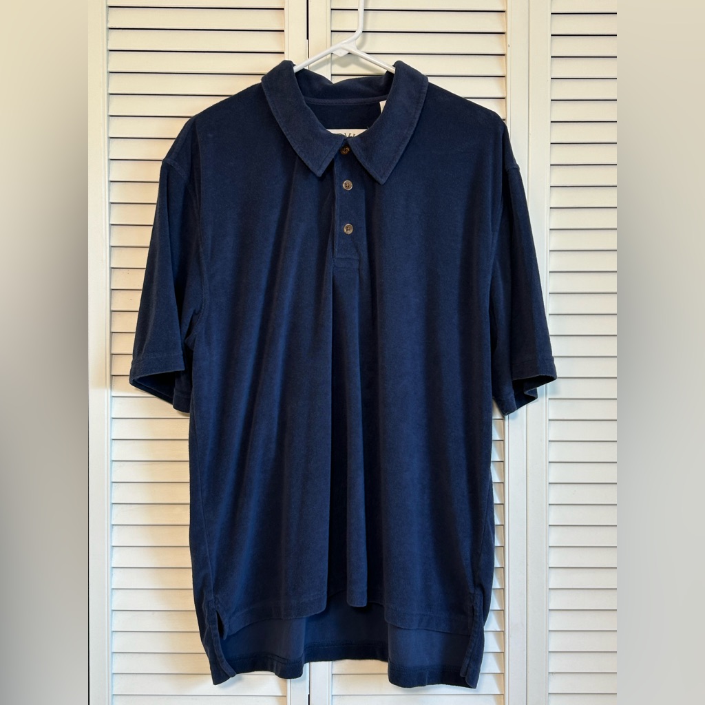 Orvis Men's Navy Blue Short Sleeve Polo Shirt Size Medium Terry Cloth Casual
